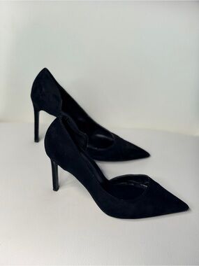 Date Night Mango Black Suede Pointed-Toe D'Orsay Heels